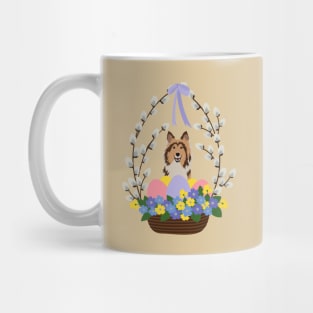 Rough Collie Dog with Easter Basket Made of Pussy Willow and Colorful Eggs Mug